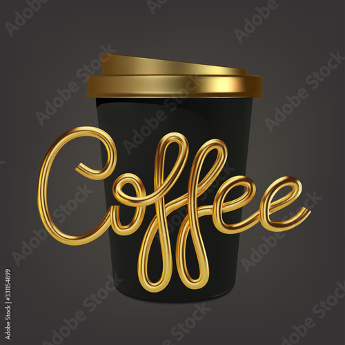 Paper realistic coffee cup and golden inscription coffee. 3D Mockup coffee mugs. Disposable glass for drinks. Template for products, web banners and leaflets. Vector illustration