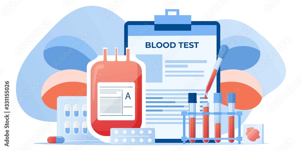 Medical blood test flat concept. Chemical laboratory analysis, medical