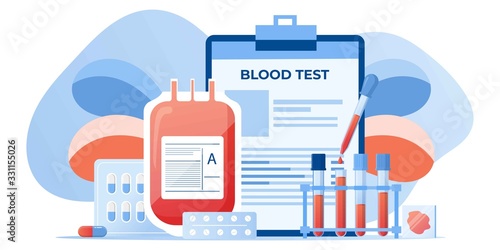 Medical blood test flat concept. Chemical laboratory analysis, medical office or laboratory. Patient blood in test tubes. Banner, flyer, landing page template. Exam checklist blank document