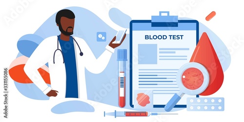 Medical blood test flat concept. Chemical laboratory analysis, medical office or laboratory. Patient blood in test tubes. Banner, flyer, landing page template. Exam checklist blank document