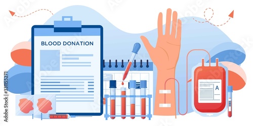 Blood donation concept. Bag with blood and hand male donor. Vector illustration for banner, poster, flyer. Medical background. Human donates blood. Donor day, save life. Medical laboratory equipment