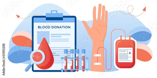 Blood donation concept. Bag with blood and hand male donor. Vector illustration for banner, poster, flyer. Medical background. Human donates blood. Donor day, save life. Medical laboratory equipment