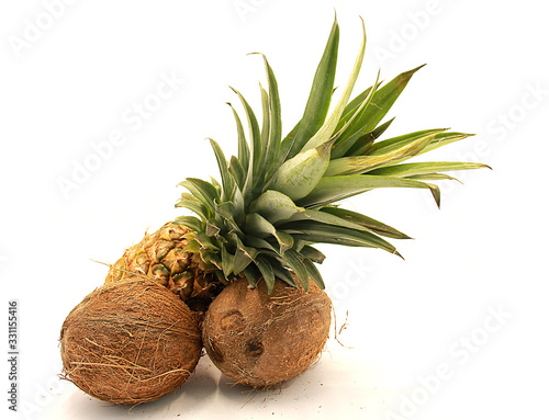Ripe pineapple and coconuts closeup isolated on white background photo