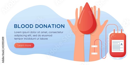 Blood donation concept. Bag with blood and hand male donor. Vector illustration for banner, poster, flyer. Medical background. Human donates blood. Donor day, save life. Medical laboratory equipment