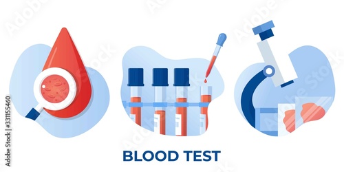 Medical blood test flat concept. Chemical laboratory analysis, medical office or laboratory. Patient blood in test tubes, medical blood test, blood samples. Chemical laboratory analysis