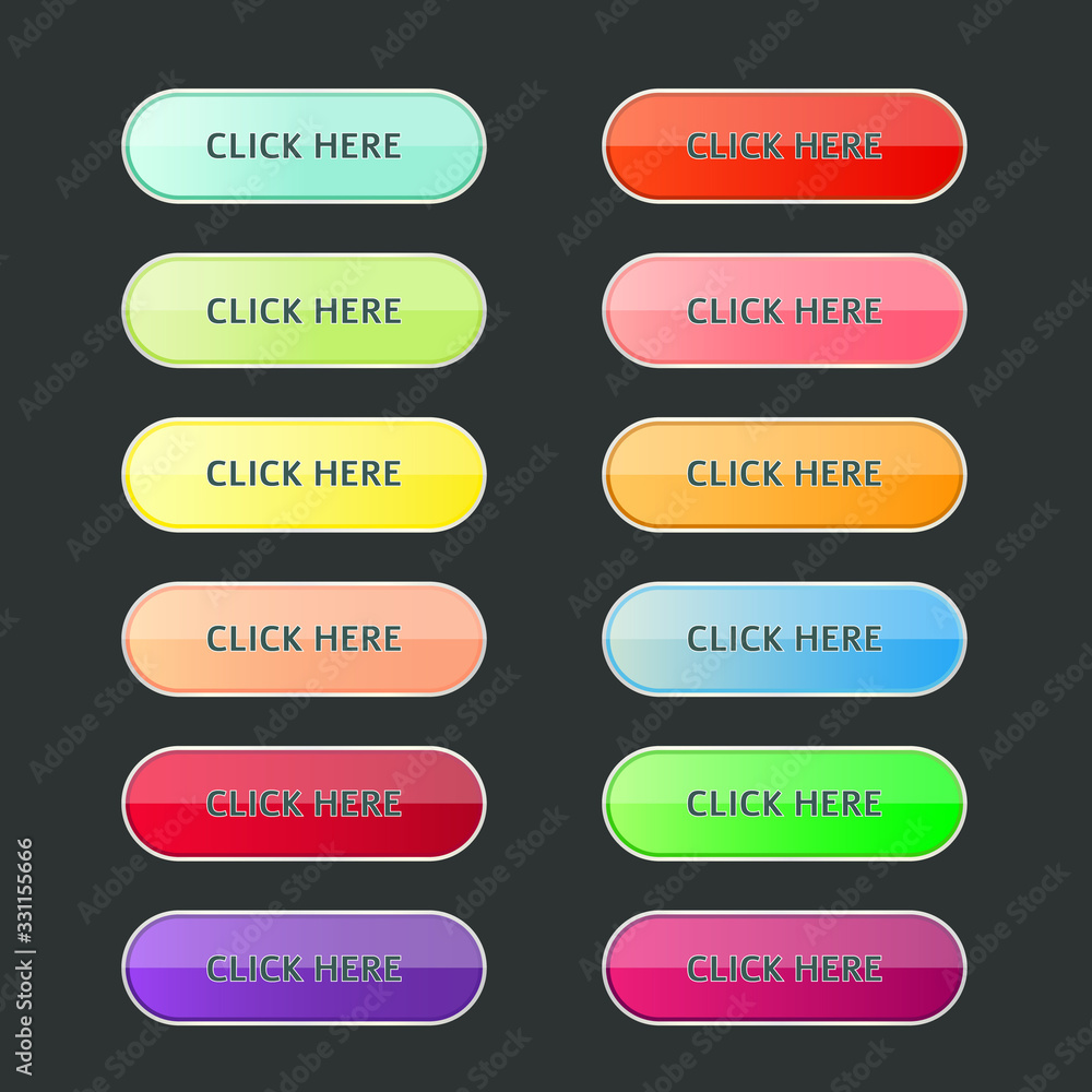 Set of colourful buttons for website or game ui. Flat vector button design on black background. Set of colourful buttons for website or game ui. Flat vector button design on black background.