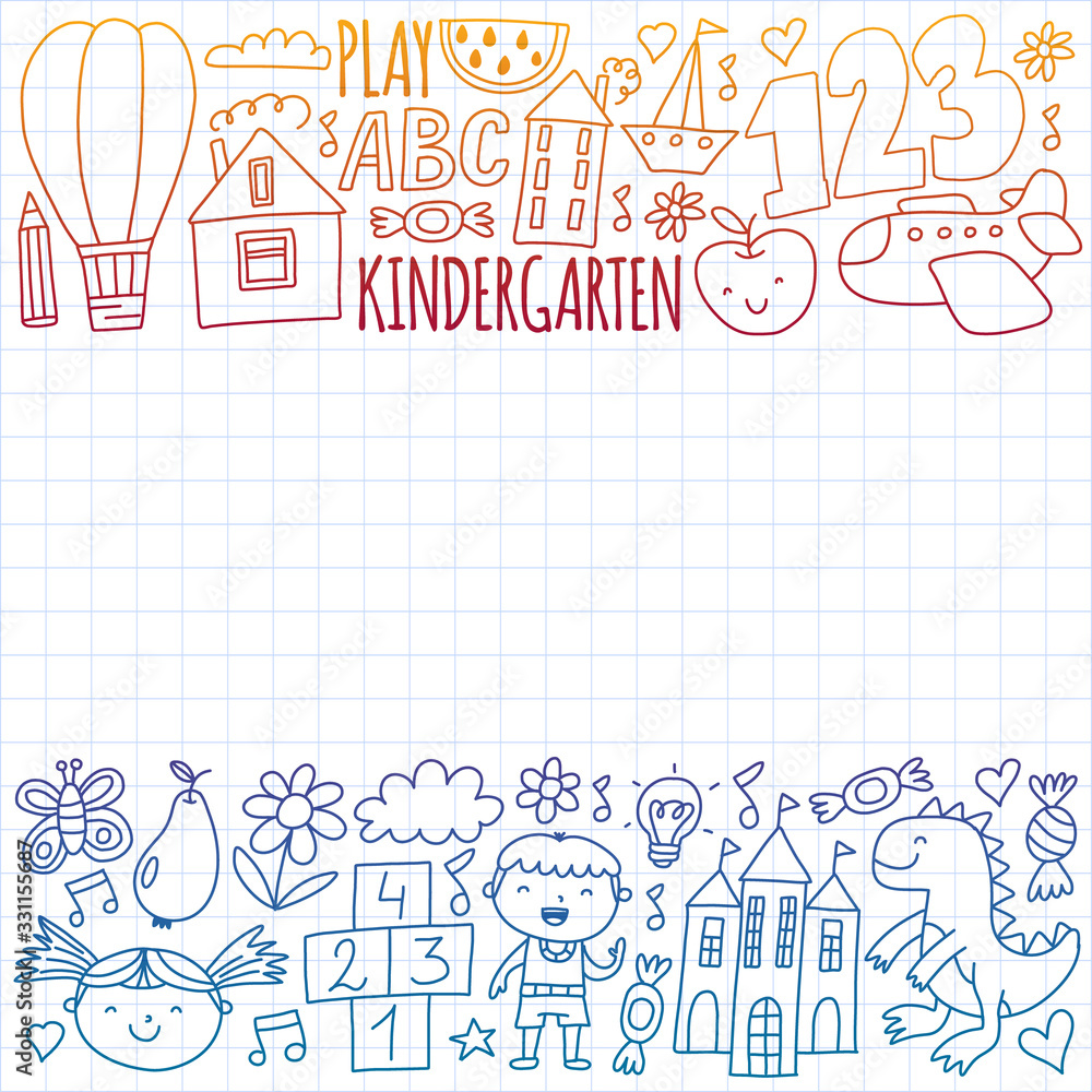Online education for toddlers. Lessons for children in internet. Vector pattern for kindergarten banners, posters with moon, planet, spaceship, rocket, sun, fruits, house, flowers. Online education for toddlers. Lessons for children in internet. Vector pattern for kindergarten banners, posters with moon, planet, spaceship, rocket, sun, fruits, house, flowers.
