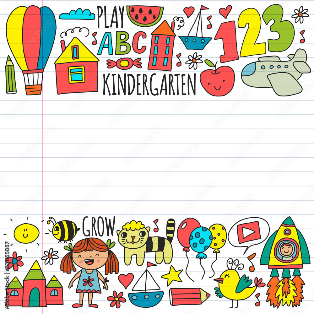 Fototapeta premium Online education for toddlers. Lessons for children in internet. Vector pattern for kindergarten banners, posters with moon, planet, spaceship, rocket, sun, fruits, house, flowers.
