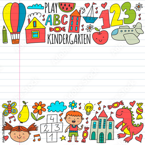 Online education for toddlers. Lessons for children in internet. Vector pattern for kindergarten banners, posters with moon, planet, spaceship, rocket, sun, fruits, house, flowers.
