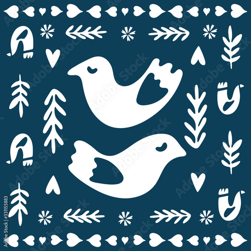 Spring, Christmas folk art square tile. Decorative birds in Scandinavian style with traditional geometric shapes in festive colors. Folklore cliparts elements for tile, napkins, coasters, postcard
