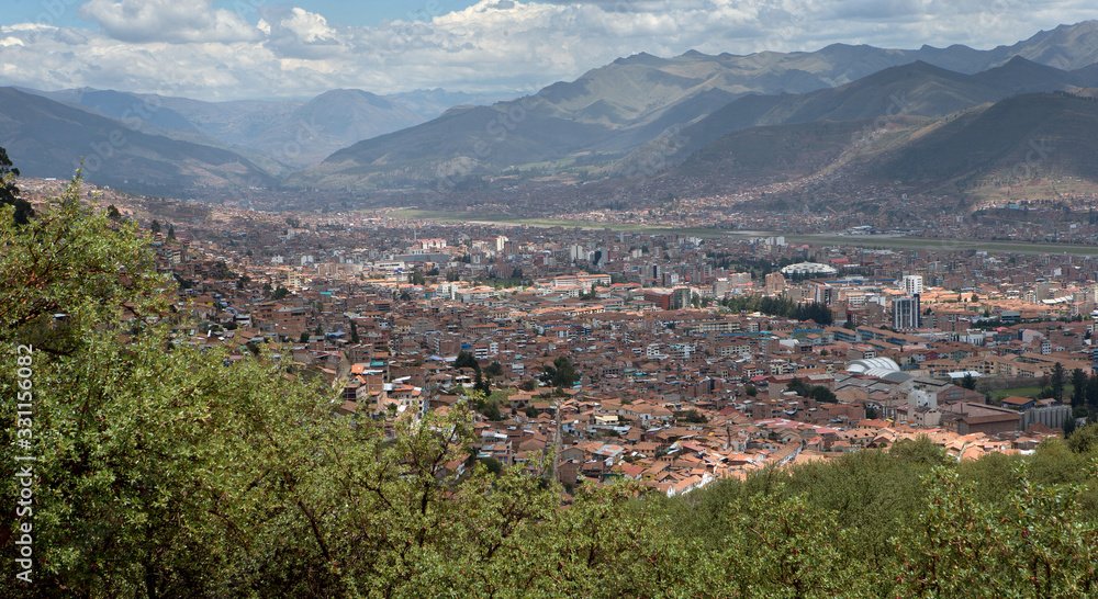 Sacsayhuamán. Overview city  Peru. Cusco. Saqsaywaman valley