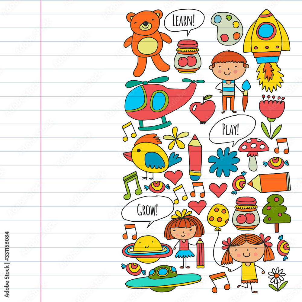 Online education for toddlers. Lessons for children in internet. Vector pattern for kindergarten banners, posters with moon, planet, spaceship, rocket, sun, fruits, house, flowers. Online education for toddlers. Lessons for children in internet. Vector pattern for kindergarten banners, posters with moon, planet, spaceship, rocket, sun, fruits, house, flowers.