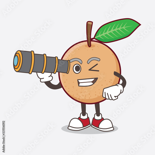 Longan Fruit cartoon mascot character using a monocular