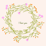 Vector hand-drawn love card with berries, leaves  in a wreath and text  -  love. Valentines day greeting card design. Romantic print for a t-shirt or poster.