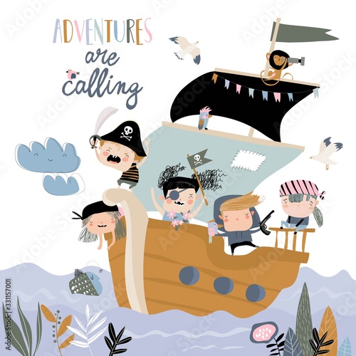 Obraz na plátně Cute cartoon kids pirates sailing in their ship