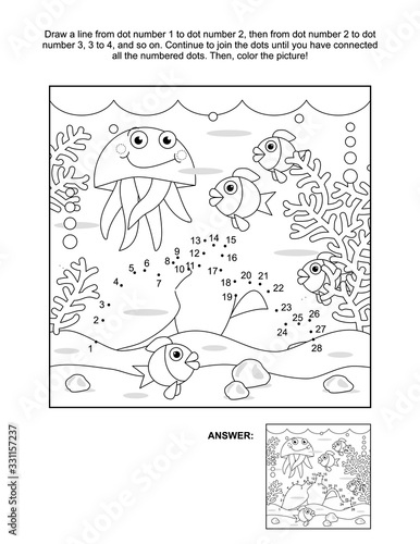 Connect the dots picture puzzle and coloring page, underwater life themed, with amphorae, fish, jellyfish, seabed, algae. Answer included.