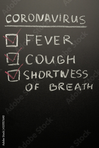 Coronavirus symptoms on a blackboard are drawn, Danger. News and articles