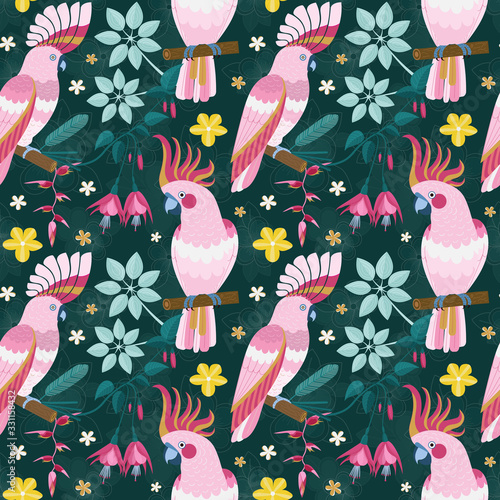 Flat Pink Parrots and Exotic Flowers Pattern