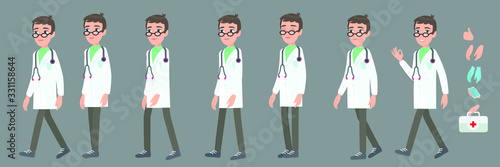 Full cycle animation walking doctor. Young professor of medicine or nurse, a character for the animation. Poses in cartoon style.