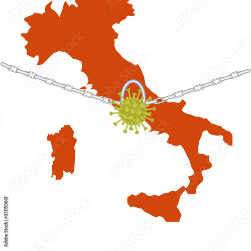 Italy map silhouette, virus lock and chain. Concept of a virus epidemic closing borders