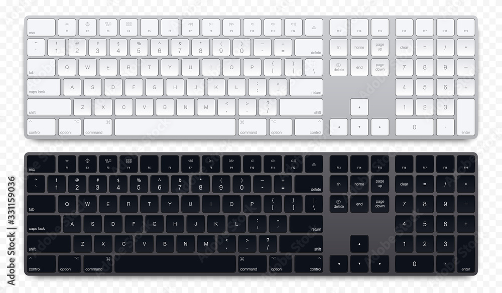 Realistic Silver and black color computer bluetooth keyboard on transparent background. Vector illustration	 - obrazy, fototapety, plakaty 