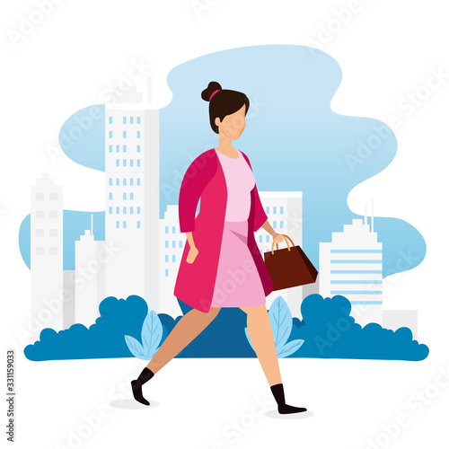 beautiful woman walking in cityscape vector illustration design