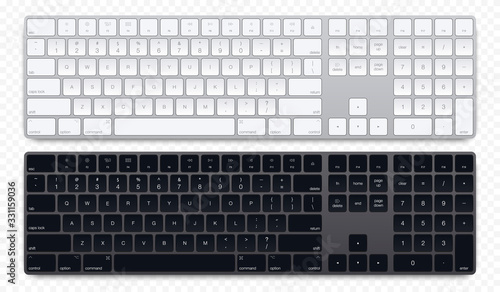 Realistic Silver and black color computer bluetooth keyboard on transparent background. Vector illustration	 photo