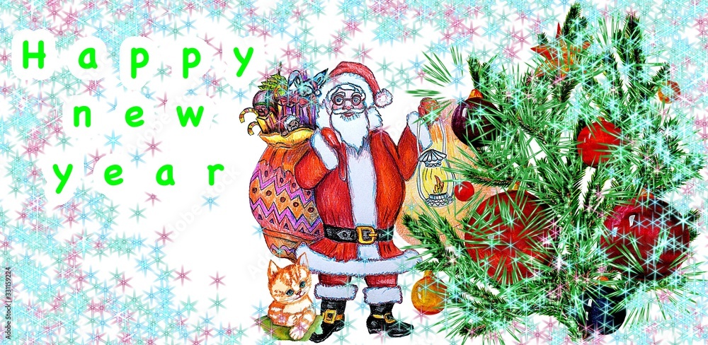 Happy new year banner. Happy Christmas. Christmas background in delicate and minty colors with Santa Claus and a red kitten for printing on postcards, scrubs, wallpapers. Background of pink mint golde