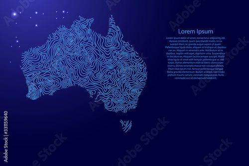 Australia map from blue isolines or level line geographic topographic map grid and glowing space stars. Vector illustration.