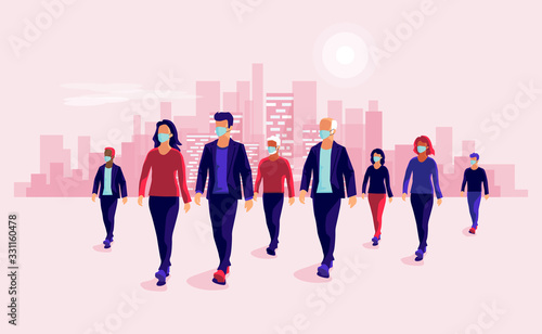 Group of people wearing protection medical face mask to protect and prevent virus, disease, flu, air pollution, contamination. Old man woman walking. Vector illustration with urban city skyline.