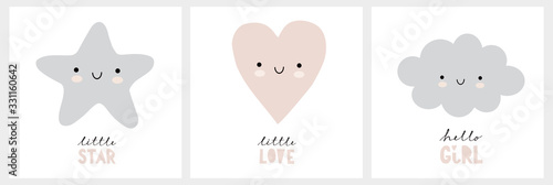 Cute Nursery Vector Wall Art Set. Funny Smiling Star, Lovely Pink Heart and Fluffy Gray Cloud Isolated on a White Background. Hello Girl. Little Love. Little Star. Baby Shower Vector Illustrations.