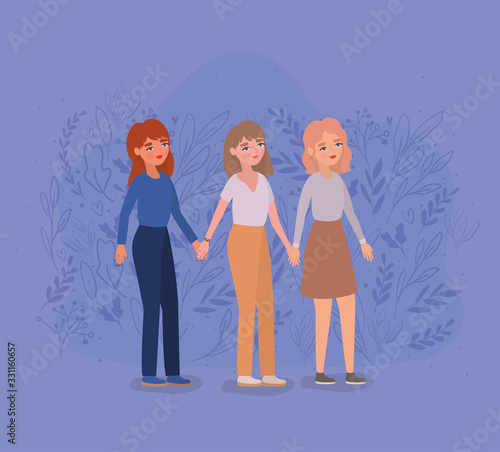 Women avatars holding hands vector design