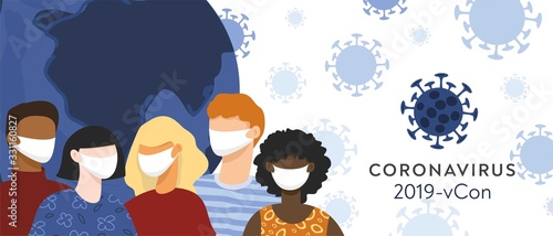 Group of people of different nationalities on the background of the planet Earth and the word quarantine. Concept of protection by medical masks from the pandemic of coronavirus. Vector illustration.