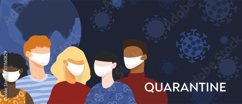 Group of people of different nationalities in face medical masks against the background of the planet and viruses. Concept of a pandemic, global quarantine. Novel coronavirus. Flat vector illustration