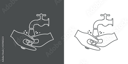 Higiene de manos. Icono plano lineal lavarse las manos en fondo gris y fondo blanco