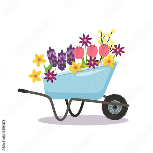 Garden wheelbarrow with spring flowers. Stock vector graphics. Isolated on a white background.