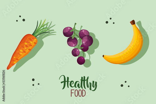 Plakat healthy food poster with carrot and fruits vector illustration design