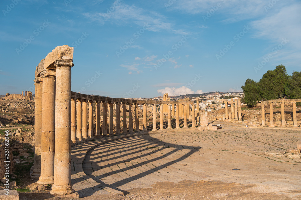 Roman column in Jerash ruin and ancient city in Jordan, Arab