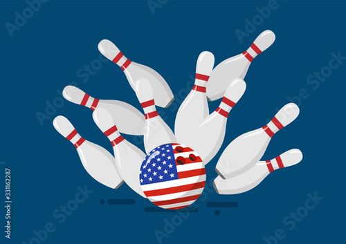 Bowling ball with the United State flag breaks bowling pins