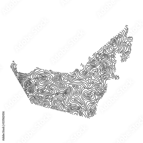 United Arab Emirates map from black isolines or level line geographic topographic map grid. Vector illustration.