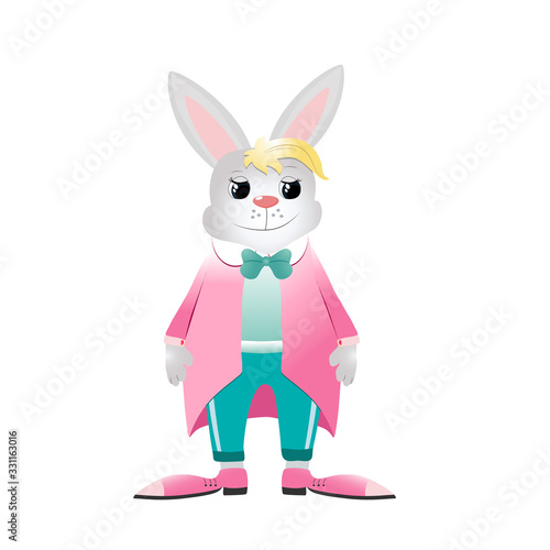 Cute and funny bunny on a white background. Vector illustration of cartoon character. Rabbit dressed in a jacket, pants and tie.