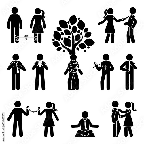 Stick figure tie up, untie, bound, pull, correct, meditate relieve vector silhouette pictogram icon set. Trapped, stressed, arrested stickman on white background