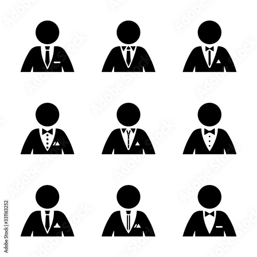 Stick figure dressed in suit, tuxedo, shirt, collar, tie, bow, pocket square pictogram silhouette vector illustration set. Businessman wear formal, official clothes on white background