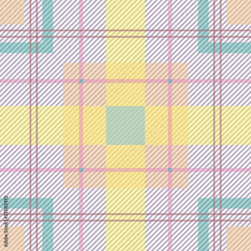 Tartan fabric in gray ,blue, yellow  shades.  Seamless pattern. For a site about fabrics,wallpapers , art, mathematics, drawing. Vector illustration.