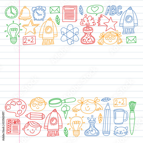 Online education concept. Vector icons and elements for little children, college, internet courses. Doodle style, kids drawing.