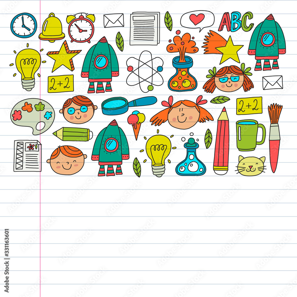 Fototapeta premium Online education concept. Vector icons and elements for little children, college, internet courses. Doodle style, kids drawing.