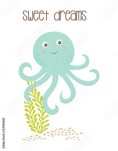 card with cute octopus isolated on white, marine animals, sweet dreams illustration