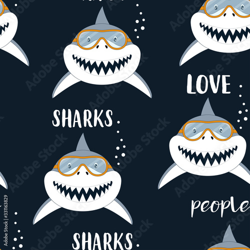 seamless pattern with sharks isolated on black, marine animals, sharks love people