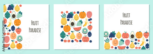 Cute set of Fruit Paradise backgrounds with various fruit characters
