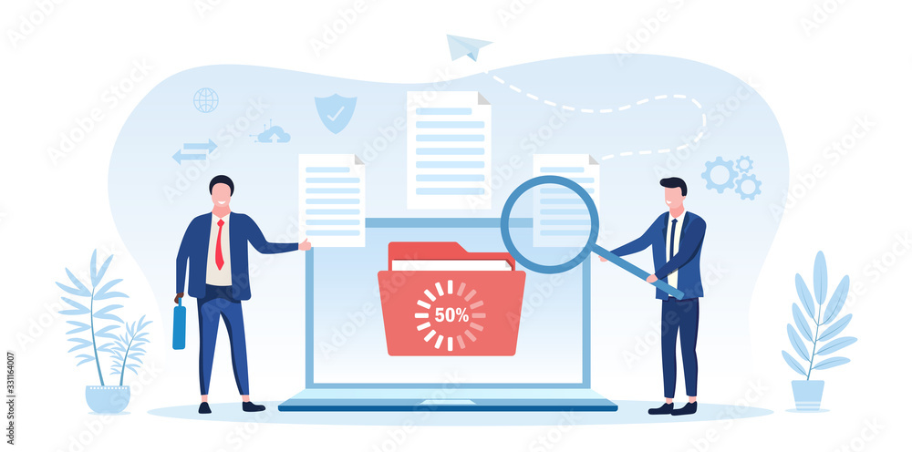 Information transaction between two businessmen showing a file uploading or downloading at 50 percent on a laptop screen and one man holding a magnifying glass, vector illustration Information transaction between two businessmen showing a file uploading or downloading at 50 percent on a laptop screen and one man holding a magnifying glass, vector illustration